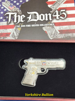 2024 1 Oz .999 Fine Silver "The Don 45" Donald Trump 45 Pistol Shaped Silver Bar