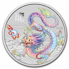 Australian Lunar Series III  WHITE Dragon 2024 Year of the Dragon 1/2oz Silver Coloured Coin