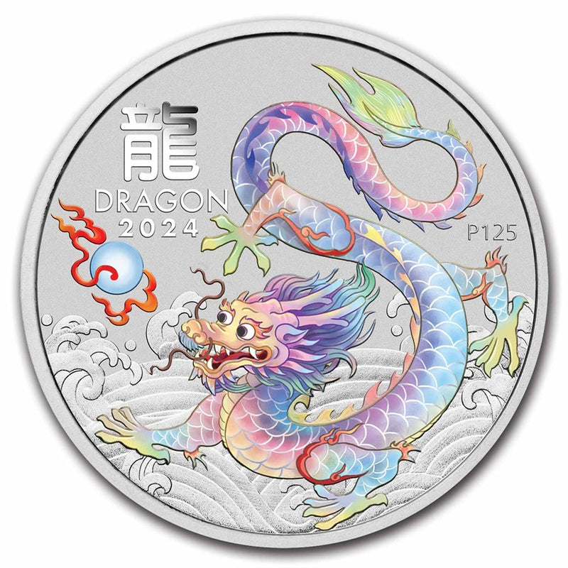 Australian Lunar Series III  WHITE Dragon 2024 Year of the Dragon 1/2oz Silver Coloured Coin