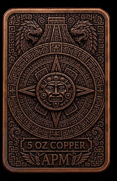 A rectangular copper-toned metal plaque or coin featuring an intricate Aztec calendar design with two dragon heads at the top, a central sun face, and the text '5 OZ COPPER APM' at the bottom, shown on a black background.