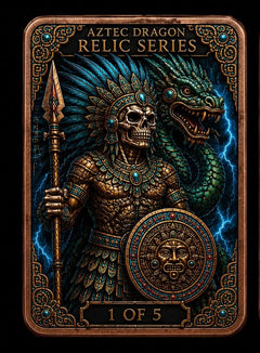 Aztec Dragon Relic Series collectible card featuring a detailed illustration of a skeletal warrior in ornate gold armor holding a spear and shield, with a green dragon and blue lightning in the background.