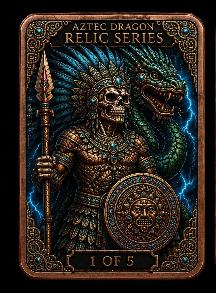 Aztec Dragon Relic Series collectible card featuring a detailed illustration of a skeletal warrior in ornate gold armor holding a spear and shield, with a green dragon and blue lightning in the background.