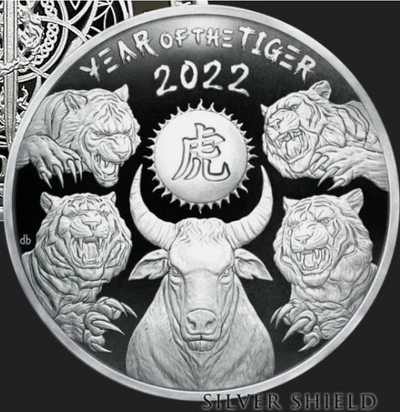 1 OZ .999 PURE SILVER SHIELD PROOF 2022 YEAR OF THE TIGER V1