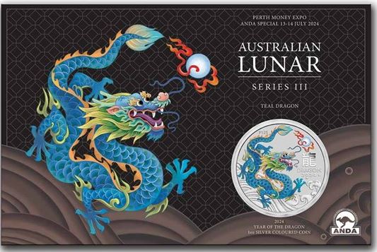 Perth Money Expo ANDA Special Australian Lunar Series III 2024 Year of the Dragon 1oz Silver Teal Coloured Coin in Card