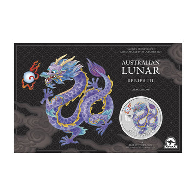 Sydney Money Expo ANDA Special Australian Lunar Series III 2024 Year of the Dragon 1oz Silver Lilac Coloured Coin in Card